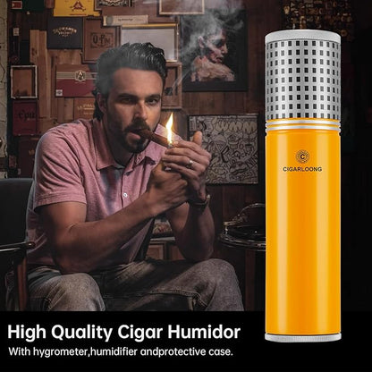 Travel Cigar Humidor Case/Box Stainless Steel Portable Cigar Tube Cigars Jar Humidifiers Air Tight Lid, Smell Proof with Cigar Hygrometer and Humidifier for 3 to 4 Cigars (Yellow)