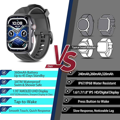 Smart Watch with Big Screen, Ultra HD 1.95" AMOLED Display (410×502 High Resolution) | 3ATM Waterproof | Heart Rate/Sleep Tracker | 130+ Sports/Fitness Modes, Bluetooth Calling, Smart Notifications