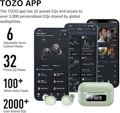 TOZO NC9 Hybrid Active Noise Cancelling Wireless Earbuds, 6 Mics ENC Clear Call, IPX8 Waterproof, in Ear Bluetooth 5.3 Headphones Stereo Bass Ear Buds 60H Playtime with LED Display 32 EQs via APP