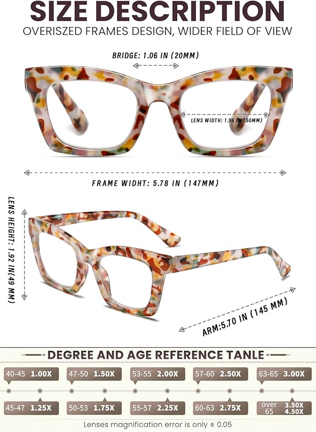 Hubeye Oprah Style Reading Glasses for Women Men Blue Light Blocking Computer Square Readers with Spring Hinge