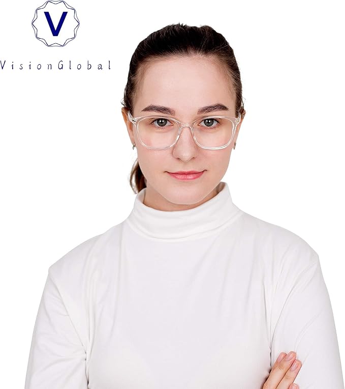 VisionGlobal Blue Light Blocking Glasses for Women, Anti Eyestrain, Computer Reading, TV Glasses, Stylish Square Frame, Anti Glare (Clear, No Magnification)