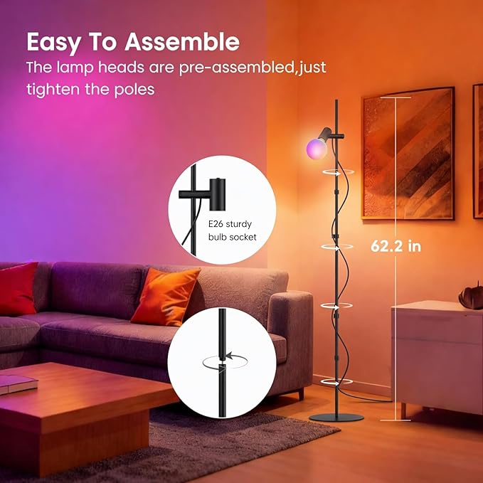 Smart Floor Lamp, LED Bulb Corner Lamp 270° Swivel Head Works with Alexa Google Home, Floor Lamps with Music Sync, 16 Million DIY Colors, Color Changing Standing Lamp for Bedroom Living Room, Black
