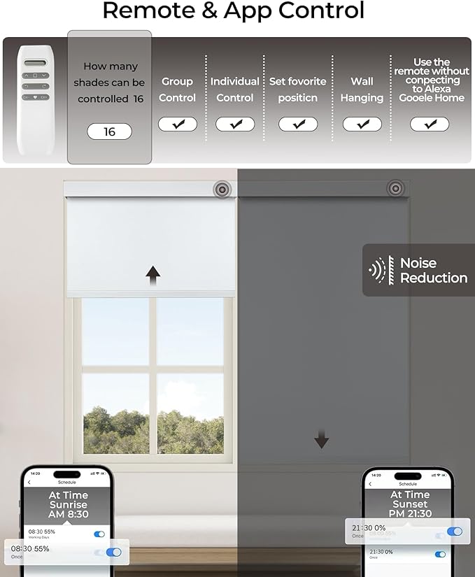 Motorized Roller Shade with Remote Control, 100% Blackout Electric 21-98” Width Blinds for Windows with Alexa Google Home, Rechargeable Smart Automatic Customized Size（Waterproof-White）