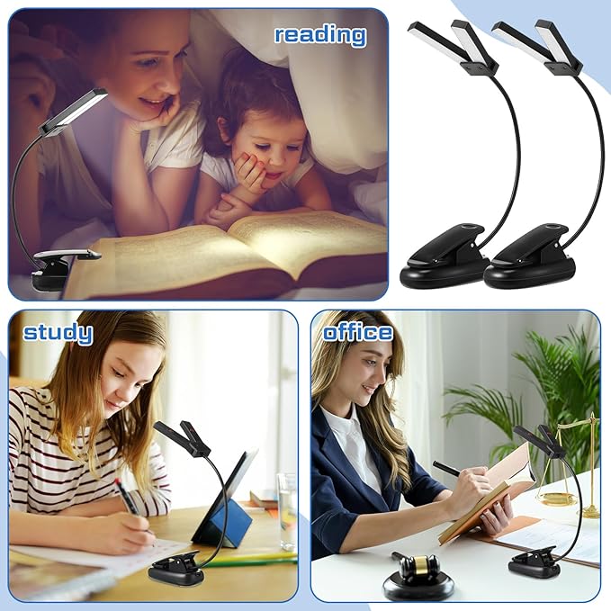 Retisee 12 Pcs Music Stand Clip on Reading Light Dual Heads USB and AAA Battery Operated LED Book Lights in Bed 3 Brightness Levels Ideal for Musician, Battery Not Included (Double-Light Style)