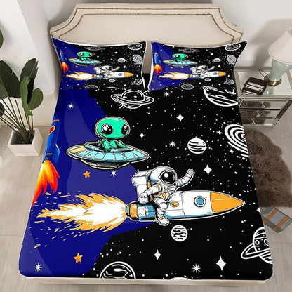 Galaxy Astronaut Bedding Set Twin Size Cartoon Alien Spaceship Rocket Outer Space Bed Set for Teens Kids Sheet Starry Universe Nebula Planets Glitter Bed Cover(1 Fitted Sheet+1 Pillow Case)