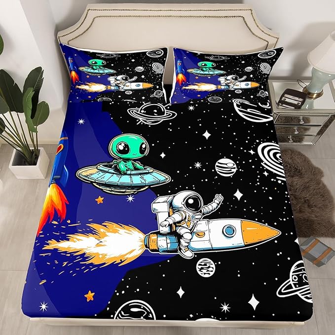 Galaxy Astronaut Fitted Sheet Full Size 3 Pcs,Cartoon Alien Spaceship Rocket Outer Space Collections(No Flat Sheet),Starry Universe Nebula Planets Glitter Bedding Deep Pocket for Kids