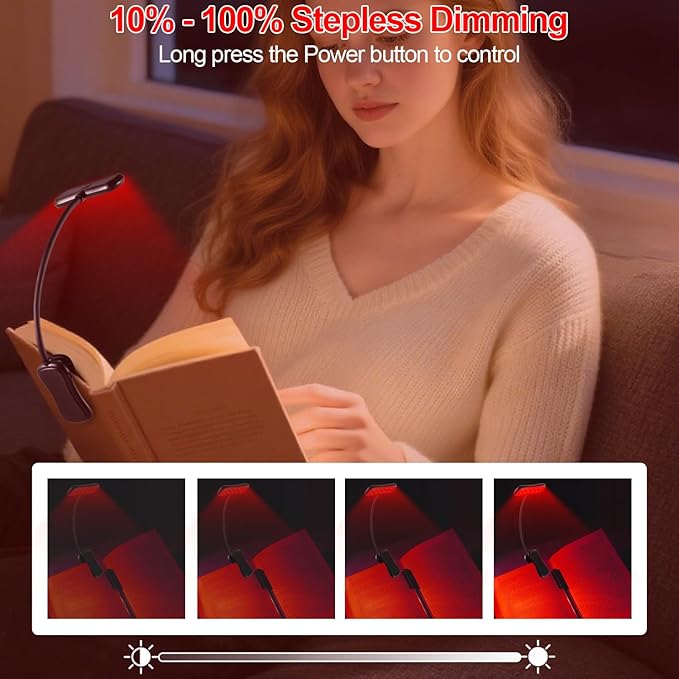 630nm Red Book Light - Zero Blue Light, Rechargeable Clip On Red Reading Light for Reading at Night, Poratble Dimmable LED Book Lamp, Perfect for Travel Nursing Studying(2 Pack)