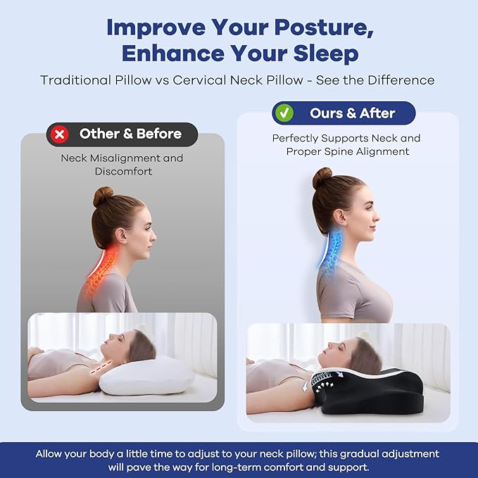 DONAMA Cervical Neck Pillow for Pain Relief, Orthopedic Contour Neck Pillow with Memory Foam Ergonomic Pillows with Dual Heights for Back, Stomach and Side Sleepers (Black, 26"×15")