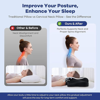 DONAMA Cervical Neck Pillow for Pain Relief, Orthopedic Contour Neck Pillow with Memory Foam Ergonomic Pillows with Dual Heights for Back, Stomach and Side Sleepers (Dark Black)