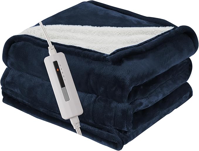 Heated Electric Blanket Throw Size 50"x60" Thickened Flannel and Sherpa Heated Blanket,3 Hours Timer Auto-Off & 5 Heating Levels, Machine Washable, Navy Blue
