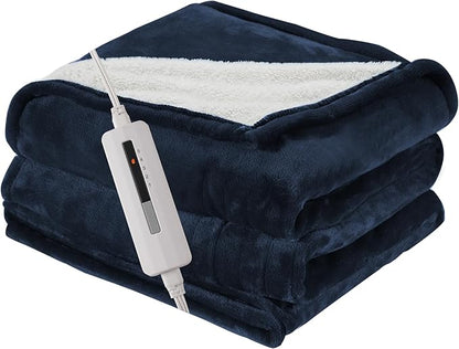 Heated Electric Blanket Throw Size 50"x60" Thickened Flannel and Sherpa Heated Blanket,3 Hours Timer Auto-Off & 5 Heating Levels, Machine Washable, Navy Blue