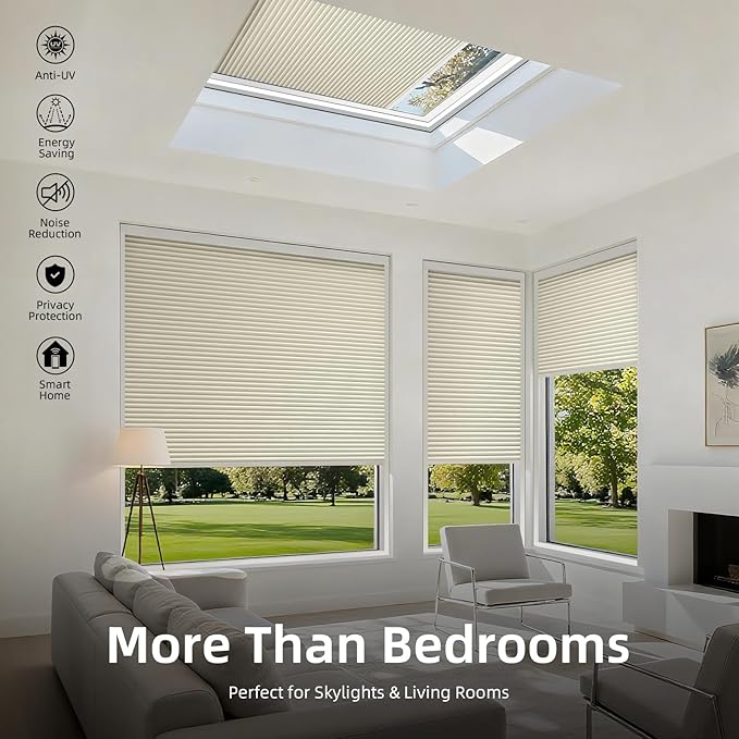 ZSTARR Motorized Skylight Shades Blackout Cellular Honeycomb Electric Blinds with Solar Panel Cordless Rechargeable with Remote for Roof and Slanted Windows Custom Size (Black Out Light Khaki)
