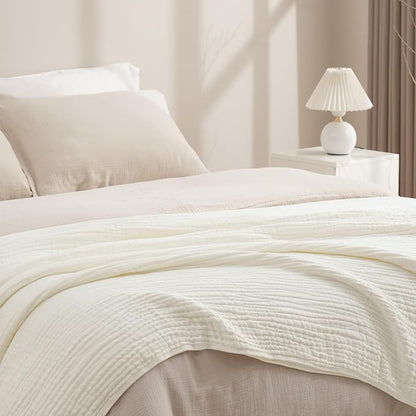 PHF Cooling Muslin Blanket Twin Size 60"x80", 6-Layer Lightweight Gauze Blanket Made from 35% Rayon Derived from Bamboo & 65% Cotton, Breathable & Ultra Soft Cozy for Hot Sleepers, Snow White