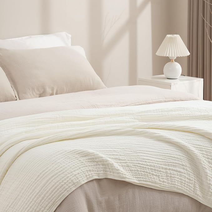 PHF Cooling Muslin Blanket Queen Size 90"x80", 6-Layer Lightweight Gauze Blanket Made from 35% Rayon Derived from Bamboo & 65% Cotton, Breathable & Ultra Soft Cozy for Hot Sleepers, Snow White