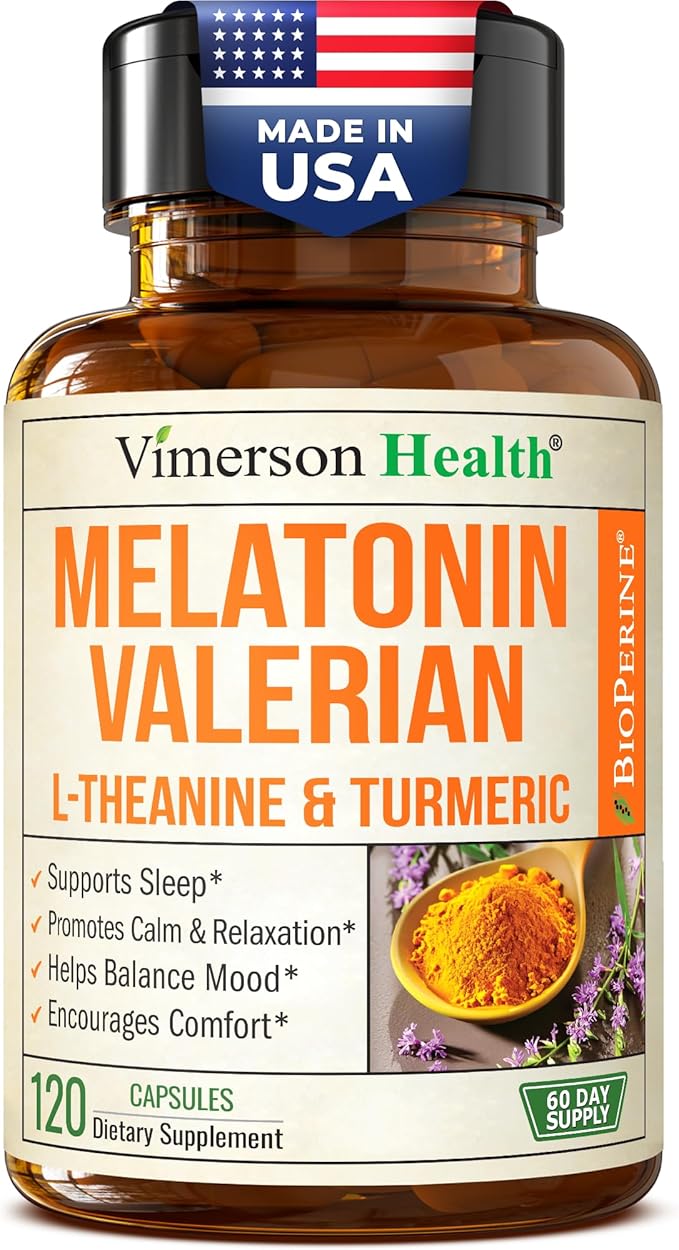 Melatonin 3mg Sleep Aid with L-Theanine & Valerian Root – Turmeric Curcumin Supplement with Ginger & Black Pepper – Organic Turmeric Supplement for Sleep, Calm and Stress Relief Support – 120 Capsules