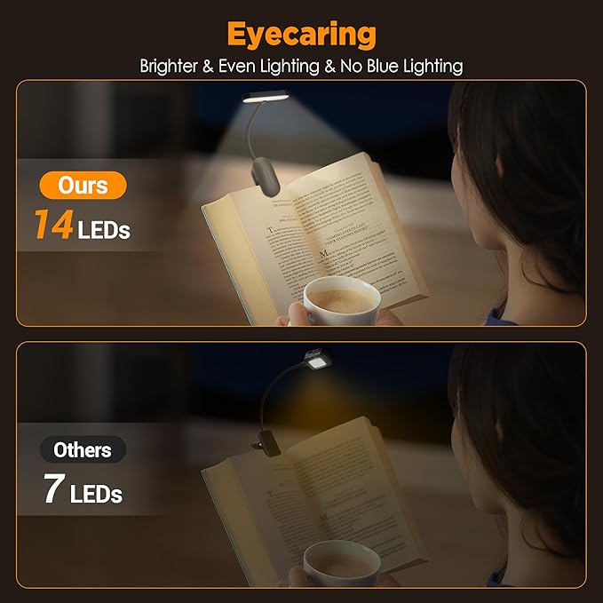 TATAANTY Book Light for Reading at Night- Eye Caring 3 Color Modes&Stepless Dimming LED Book Reading Light,Rechargeable 70Hrs Lasting Runtime Lightweight Clip-on Book Light for Book Lover,'25Upgrade