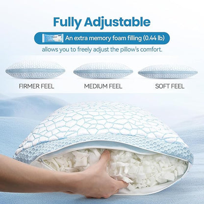 QUTOOL Cooling Pillows for Hot Sleeping, Shredded Memory Foam Pillows Queen Size Set of 1,Adjustable Soft & Firm Gel Bed Pillow for Side, Back, Stomach Sleepers