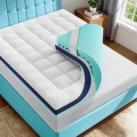 4 Inch Dual Layer Memory Foam Mattress Topper - 2 Inch 1000GSM Fluffy Soft Pillow Top Mattress Pad Cover and 2 Inch Cooling Gel Memory Foam for Back Pain Relief, with 8-21" Deep Pocket(Queen,60"x80")