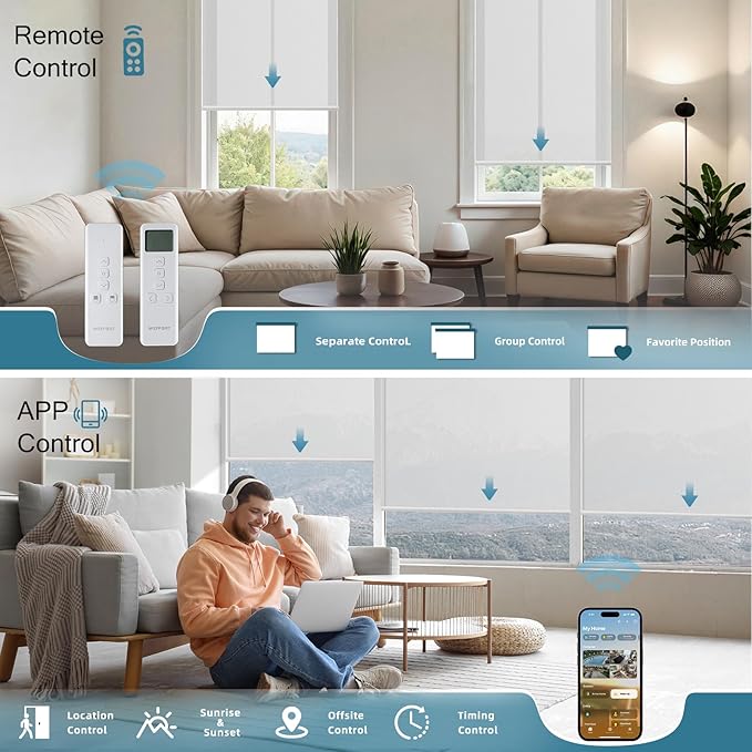 Motorized Shades Compatible with Alexa,Google Asssitant,Homekit Over Thead,3% Openness Solar Roller Blinds for Window,Smart Blinds with Remote,APP/Voice Control,3% Openness Aventus White