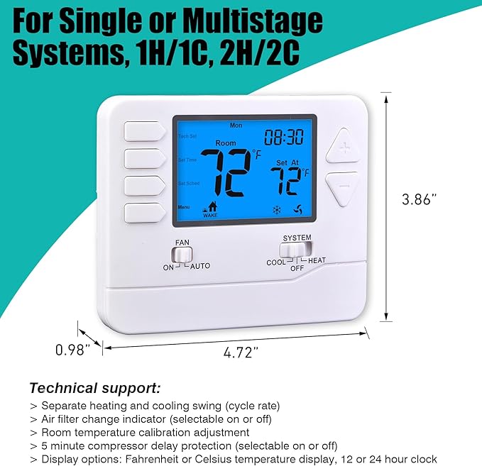 5-1-1 Day Programmable Thermostats for Home 2 Heat/ 2 Cool Conventional Multistage Systems