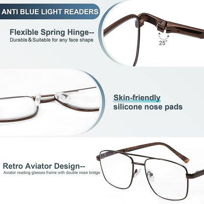 EASY READ Aviator Reading Glasses for Men,Blue light blocking Readers Men Metal Eyeglasses with Spring Hinge