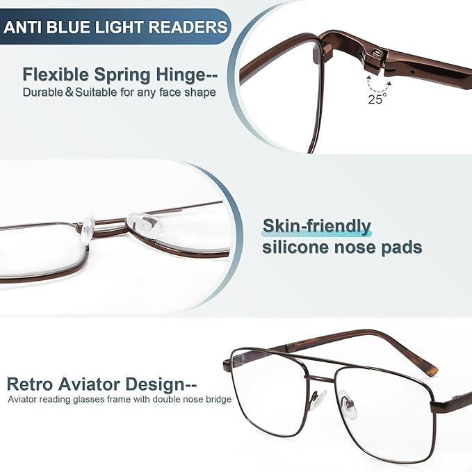 EASY READ Aviator Reading Glasses for Men,Blue light blocking Readers Men Metal Eyeglasses with Spring Hinge