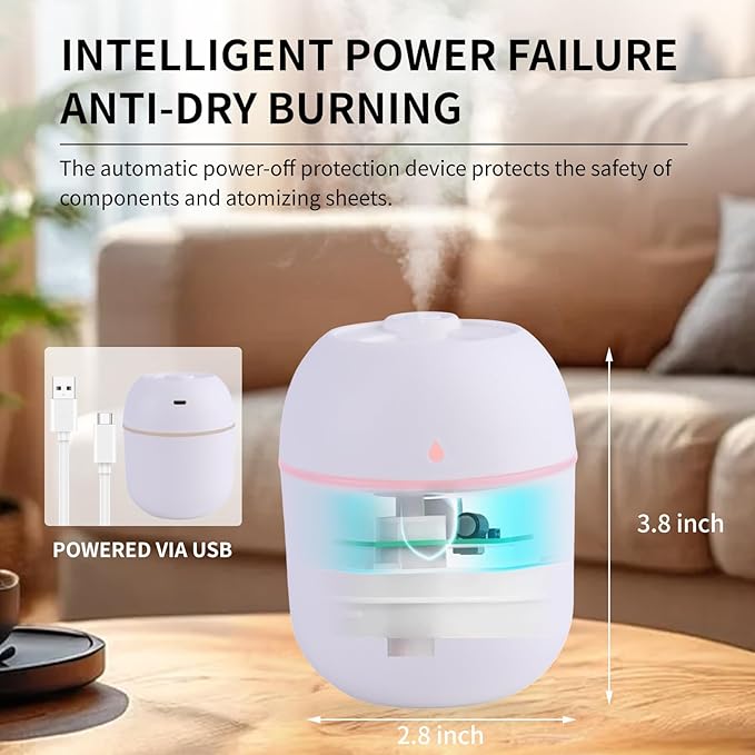 Portable Mini Humidifier Small Cool Mist Humidifier Personal Desktop USB Powered Super Quiet for Travel Car,Office,Baby Bedroom, Night Light, 2 Mist Modes, Auto Shut-off (blue)