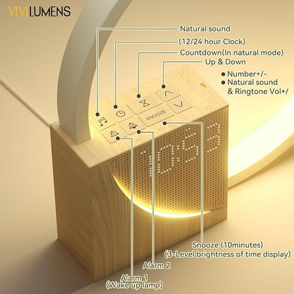 Vivilumens Sunrise Alarm Clock for Heavy Sleepers Adults, Wake-up Light, Sleep Aid 10 White Noise Sound Machines with 30/60/90 Timer, 3 Level Dimmable Touch Table Lamp with Snooze USB Charger Port