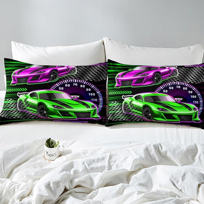 Extreme Sports Fitted Sheet,Cool Colorful Sports Car Soft Decorative Fabric Bedding Competition Themed Pocket Twin Size with 1 Pillowcase