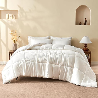 BPC 100% Rayon Derived from Bamboo Silk Blend Comforter Twin Size, Ultra-Soft ClimaSilk™ Down-Alternative Duvet Insert for All Seasons with Corner Tabs, Medium Warmth, White, 68x90 Inches