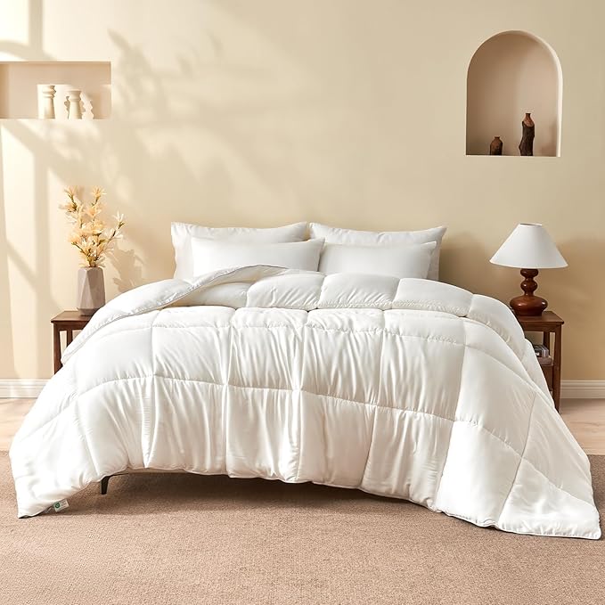 BPC 100% Rayon Derived from Bamboo Silk Blend Comforter Queen Size, Ultra-Soft ClimaSilk™ Down-Alternative Duvet Insert for All Seasons with Corner Tabs, Medium Warmth, White, 90x90 Inches