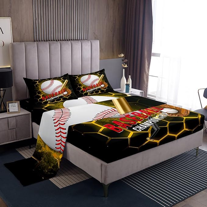 Manfei Baseball Sheet Set Queen Size, Abstract Geometric Gold Honeycomb Bedding Set for Kids Boys Room Decor, Sports Theme Bed Sheet Set 4pcs with Deep Pocket Fitted Sheet + Flat Sheet + 2 Pillowcases