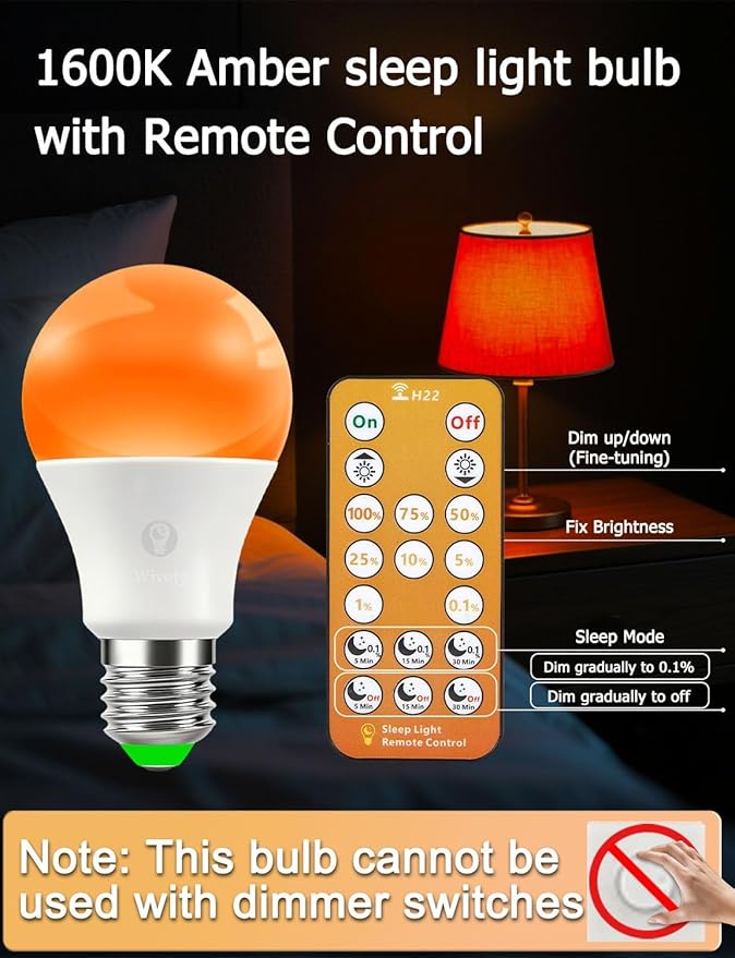 Sleep Light Bulbs Amber 1600K with Remote Control, E26 Blue Light Blocking A19, 9W for Sleep Therapy, Baby Nursery, Bedroom (6 Pack)
