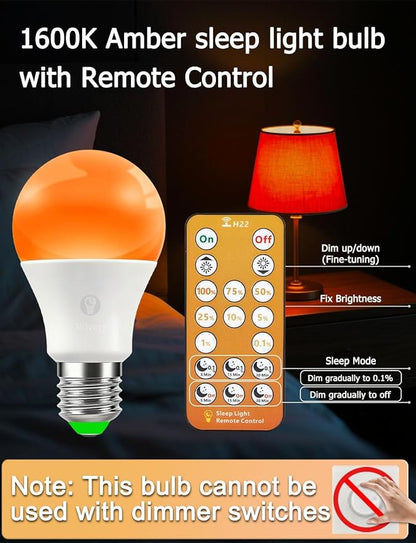 Sleep Light Bulbs Amber 1600K with Remote Control, E26 Blue Light Blocking A19, 9W for Sleep Therapy, Baby Nursery, Bedroom (6 Pack)