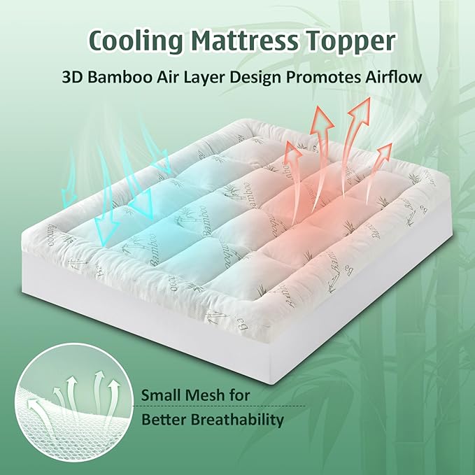 DOWNCOOL 3 Inch Queen Mattress Topper – Cooling Memory Foam Mattress Topper for Back Pain Relief, Breathable Bamboo Viscose Air Layer, 1700 GSM Fill, Deep Pocket Fits 8–21 Inch