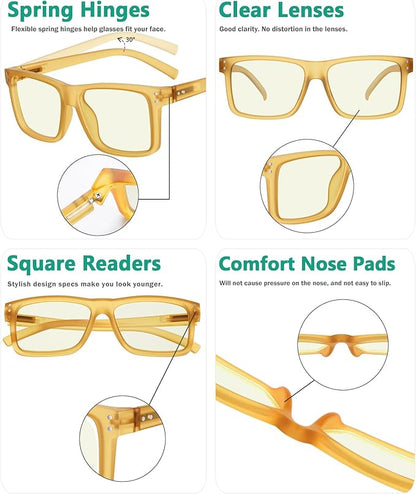 Eyekepper Oversized Reading Glasses Square Large Blue Light Readers for Men Women - Yellow +4.00