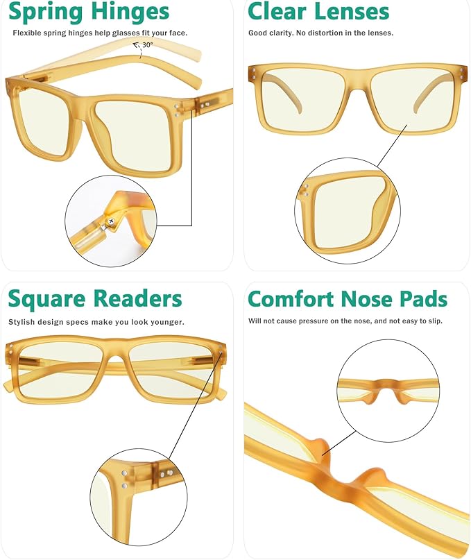 Eyekepper Oversized Reading Glasses Square Large Blue Light Readers for Men Women - Yellow +0.50
