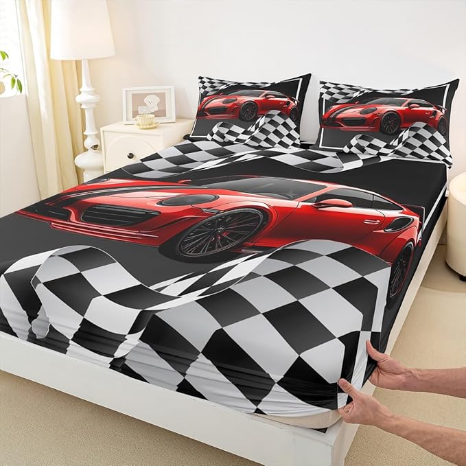 Manfei Red Race Car Sheet Set Twin Black and White Grid Bedding for Kids Teens Room Decor,Soft Breathable Extreme Sport Bed Sheet Set 3pcs with Deep Pocket Fitted Sheet + Flat Sheet + 1 Pillowcase