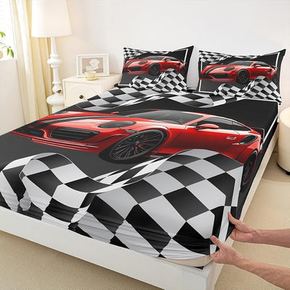 Manfei Red Race Car Sheet Set Queen Black and White Grid Bedding Set for Kids Teens Room Decor,Soft Extreme Sport Bed Sheet Set 4pcs with Deep Pocket Fitted Sheet + Flat Sheet + 2 Pillowcases