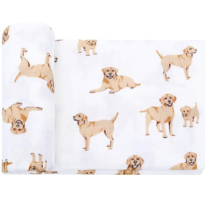 LifeTree Baby Swaddle Blankets Dog Pattern, Muslin Blankets Boys Girls Swaddling Wrap Receiving Blanket for Newborn, 70% Viscose from Bamboo and 30% Cotton, Large 47" x 47", Labrador