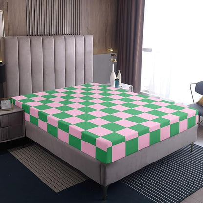 Lattice Kids Full Size Fitted Sheet,Geometric Plaid Patchwork Room Decor,Simple Modern Abstract Boys Girls Bed Sheets,Pink Green Bedding Set,2 Pillowcases(No Flat)