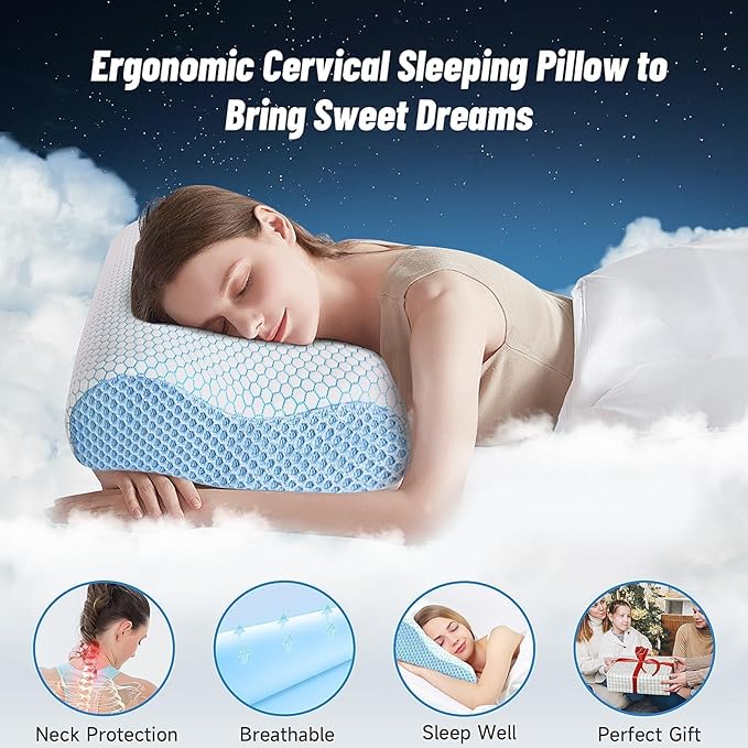 CloudBliss Memory Foam Pillow, Ergonomic Neck Contour Cervical Pillow for Back and Shoulder Pain, Orthopedic Pillow for Neck Pain Relief, for Sleeping Side, Back, Stomach Sleepers - Blue, Queen