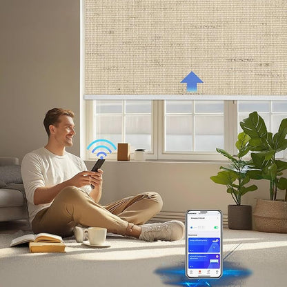 Motorized Blinds with Remote Cordless Automatic Motorized Shades Custom Blinds for Windows Smart Curtains Compatible with Alexa Google Home(Blackout Linen Soft Dunes,W52 x H72in)