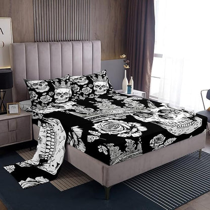 Manfei Floral Skull Kids Sheet Set Twin Size, Gothic Skull Crown Flower Bed Sheet Set 3pcs (Fitted Sheet, Flat Sheet, 1 Pillowcase), Halloween Theme Bedding Set for Boys Girls Bedroom Decor
