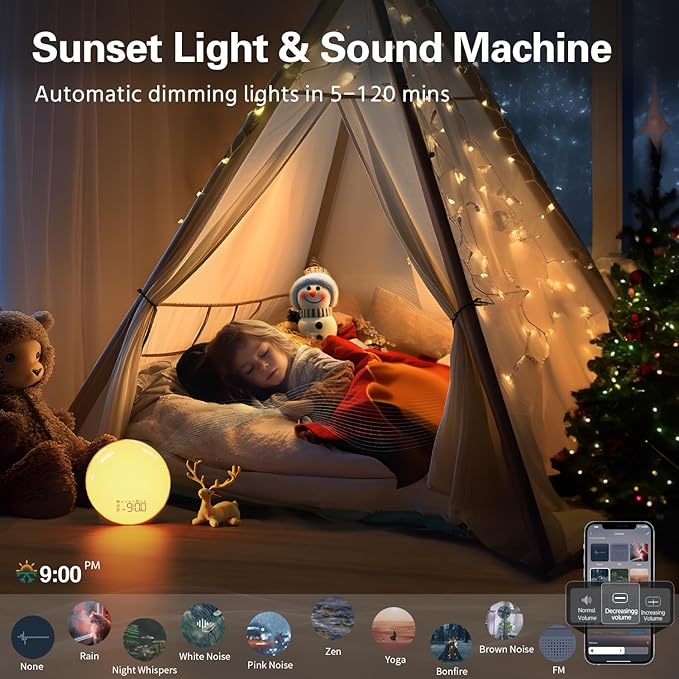 MOMILLA Smart Sunrise Alarm Clock, White Noise Sound Machine Wake-up Light with App Control, FM Radio, Sunset Night Light, Dual Alarms with Snooze Function for Heavy Sleepers Kids