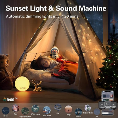 MOMILLA Smart Sunrise Alarm Clock, White Noise Sound Machine Wake-up Light with App Control, FM Radio, Sunset Night Light, Dual Alarms with Snooze Function for Heavy Sleepers Kids