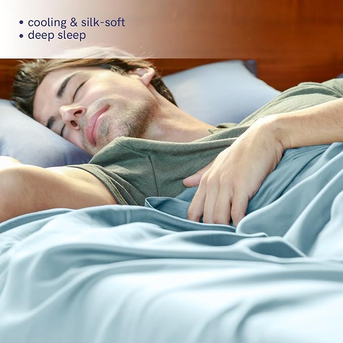 YnM Cooling Bed Sheet Set with 100 Percent Rayon Derived from Bamboo, 400TC Fabric with 2 Pillowcases and Flat Sheet, Deep Pocket Fit 19'', Silky-Soft & Sweat Wicking, 4 Piece (Full, Light Blue)