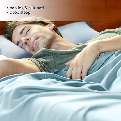 YnM Cooling Bed Sheet Set with 100 Percent Rayon Derived from Bamboo, 400TC Fabric with 2 Pillowcases and Flat Sheet, Deep Pocket Fit 19'', Silky-Soft & Sweat Wicking, 4 Piece (Full, Light Blue)