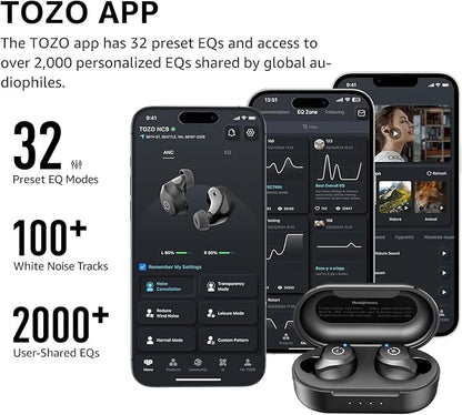 TOZO NC9 Hybrid Active Noise Cancelling Wireless Earbuds, in Ear Headphones IPX6 Waterproof Bluetooth 5.3 Stereo Earphones, Immersive Sound Premium Deep Bass Headset Matte Black.