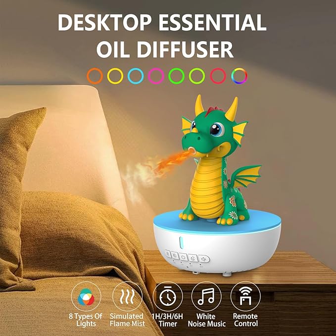 Aromatherapy Dragon Humidifier, 200ML Essential Oil Diffuser with Remote & Timer, White Noise Machine with 10 Soothing Sounds, Cute Small Humidifiers for Kids Bedroom, Home, Office (Green)